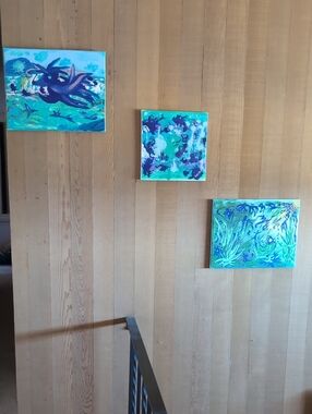 Set of 3 Original Acrylic Paintings Blue Teal Ocean Abstract Canvas Wall Art New